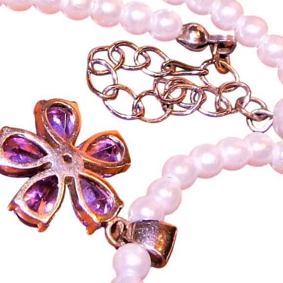 Dainty Faux Pearl W/Purple Rhinestone Flower Pendant Necklace & Earring Set - Picture 10 of 10